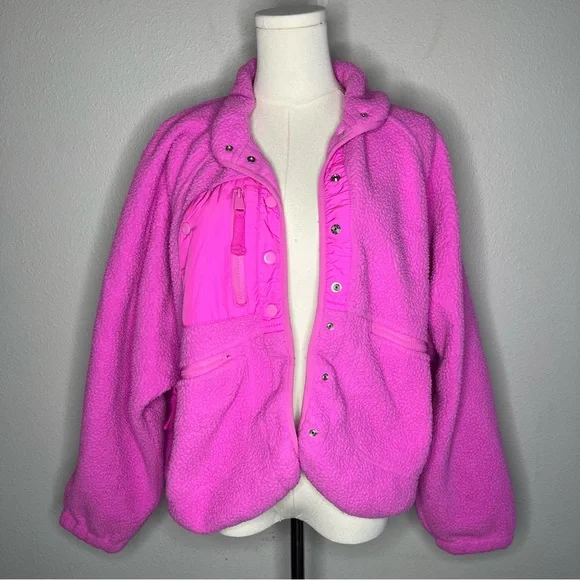 Free People Movement Magenta Hit The Slopes Oversized Fleece Snap Button Jacket - Picture 3 of 10